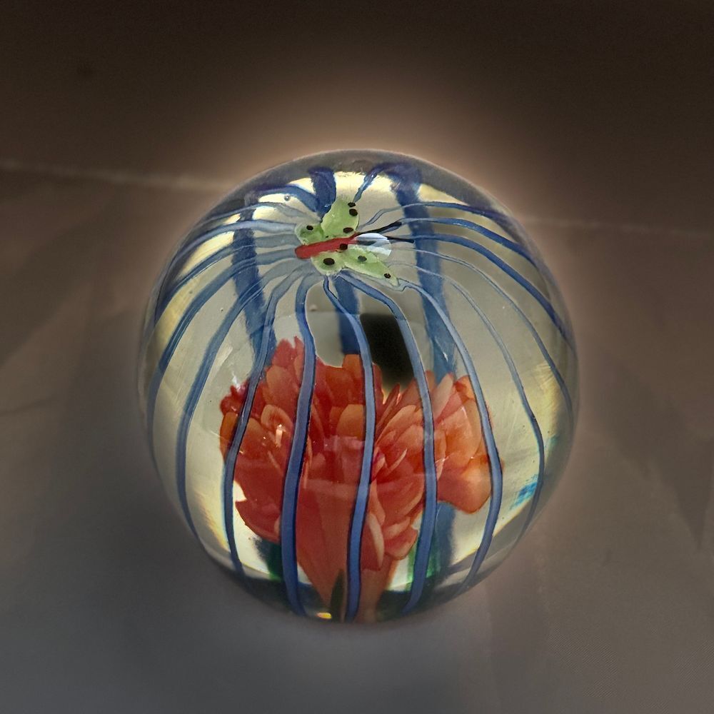 Handcrafted Art Glass Paperweight‎ with Orange Flower and Butterfly Design 3x3"